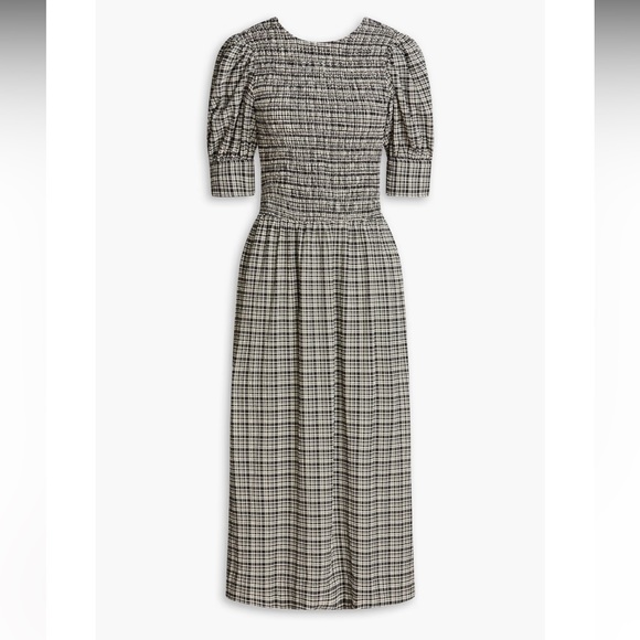 GANNI Shirred checked seersucker midi dress Size 10 Black and White - Picture 1 of 10